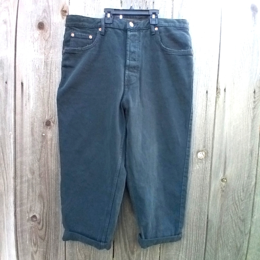 Zara Button Closure Black Denim Relaxed Fit With Rolled Cuff Size 34 High Rise